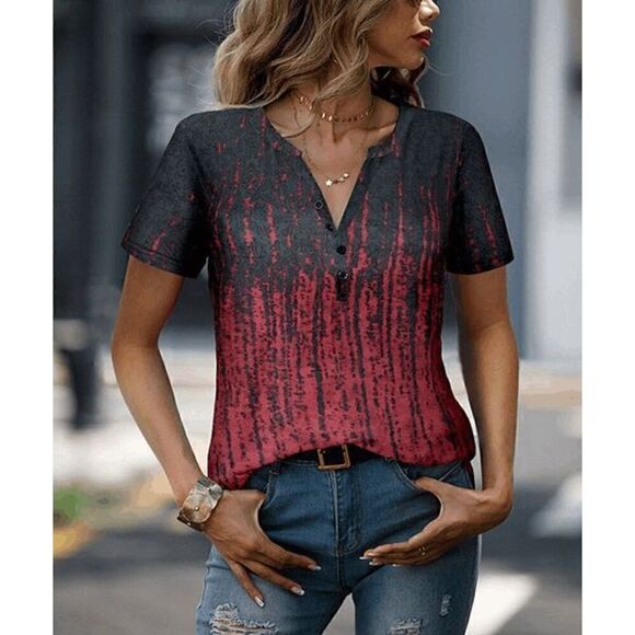 Tops - Women's Red & Black Abstract Button-Front Notch Neck Top XXL